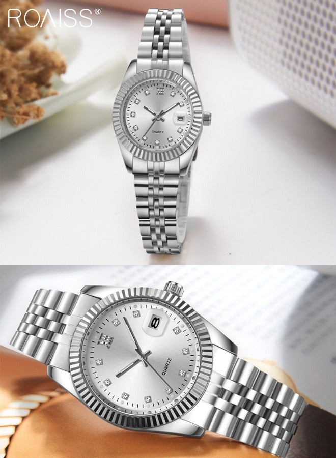 Stainless Steel Strap Couple Quartz Watch Set, Analog Display Round Dial with Rhinestones Decoration, Luxurious Luminous Waterproof Calendar Watch Gift for Men Women