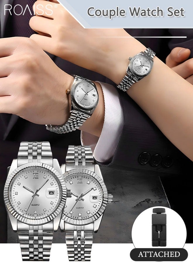 Stainless Steel Strap Couple Quartz Watch Set, Analog Display Round Dial with Rhinestones Decoration, Luxurious Luminous Waterproof Calendar Watch Gift for Men Women