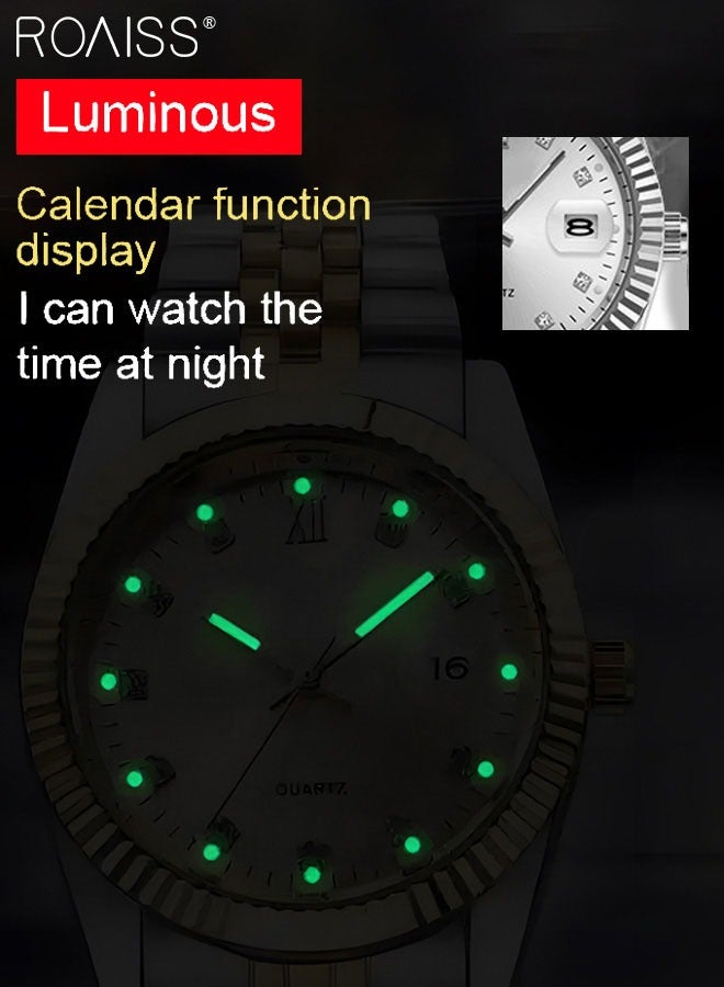 Stainless Steel Strap Couple Quartz Watch Set, Analog Display Round Dial with Rhinestones Decoration, Luxurious Luminous Waterproof Calendar Watch Gift for Men Women