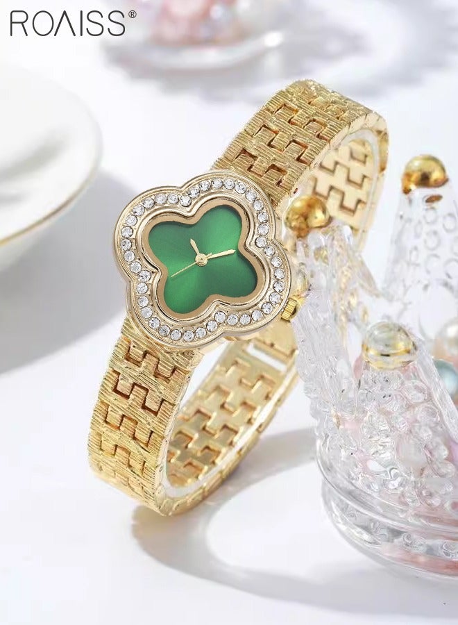 2PCS Alloy Strap Bracelet Watch Set for Women Analog Display Flower Dial Quartz Watch with Heart Bracelet Decorated with Pearl Elegant Watch Set as Gift for Ladies