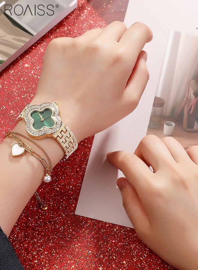 2PCS Alloy Strap Bracelet Watch Set for Women Analog Display Flower Dial Quartz Watch with Heart Bracelet Decorated with Pearl Elegant Watch Set as Gift for Ladies