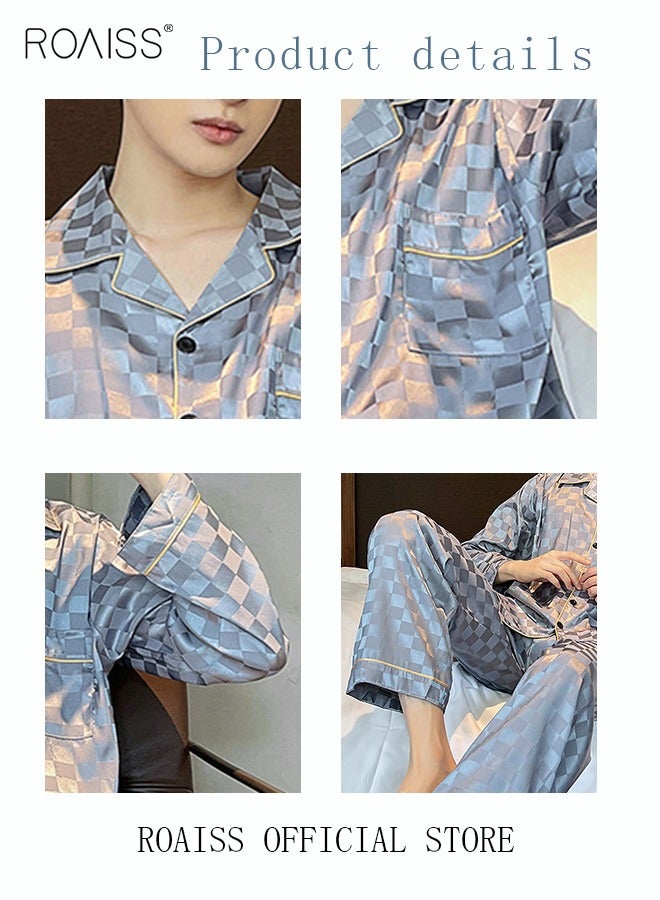 2-Piece Set Men's Long Sleeves Sleepwear Sets Satin Checked Printing Sleepwear Pajamas Pants Silk Nightgown Male Loose Shirts Spring Summer Loungewear Home Clothes