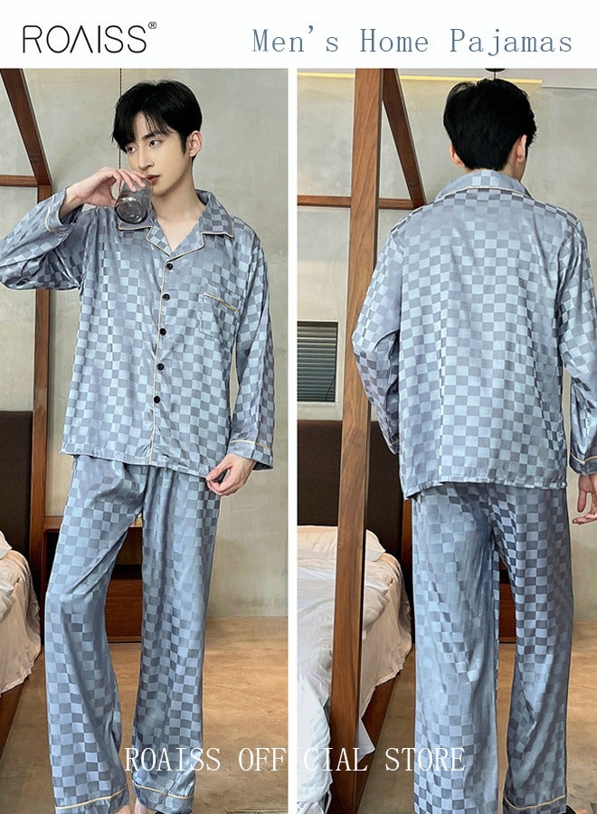 2-Piece Set Men's Long Sleeves Sleepwear Sets Satin Checked Printing Sleepwear Pajamas Pants Silk Nightgown Male Loose Shirts Spring Summer Loungewear Home Clothes