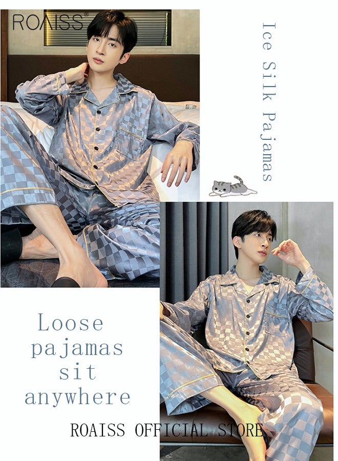 2-Piece Set Men's Long Sleeves Sleepwear Sets Satin Checked Printing Sleepwear Pajamas Pants Silk Nightgown Male Loose Shirts Spring Summer Loungewear Home Clothes