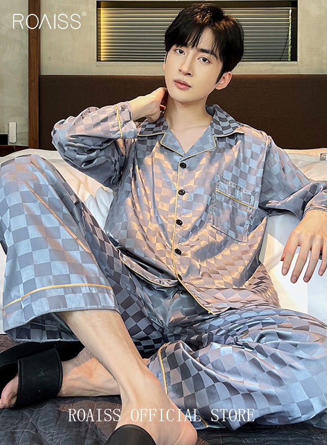 2-Piece Set Men's Long Sleeves Sleepwear Sets Satin Checked Printing Sleepwear Pajamas Pants Silk Nightgown Male Loose Shirts Spring Summer Loungewear Home Clothes