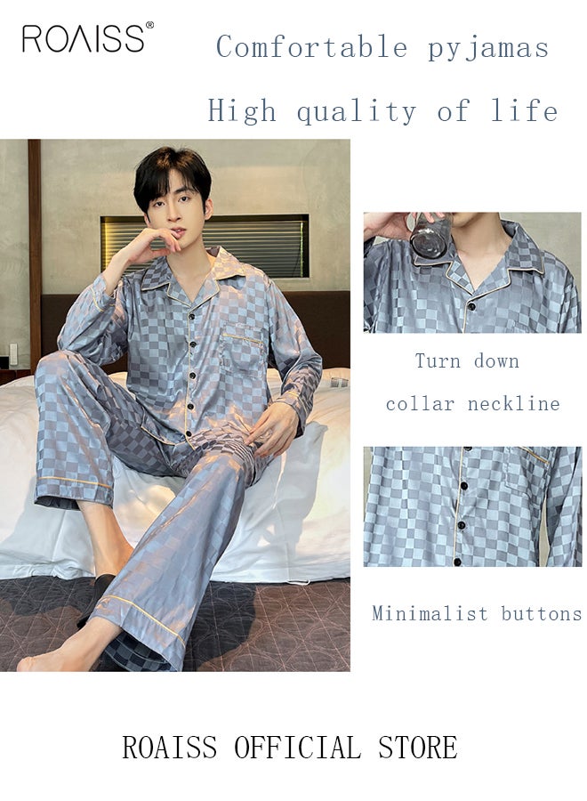 2-Piece Set Men's Long Sleeves Sleepwear Sets Satin Checked Printing Sleepwear Pajamas Pants Silk Nightgown Male Loose Shirts Spring Summer Loungewear Home Clothes