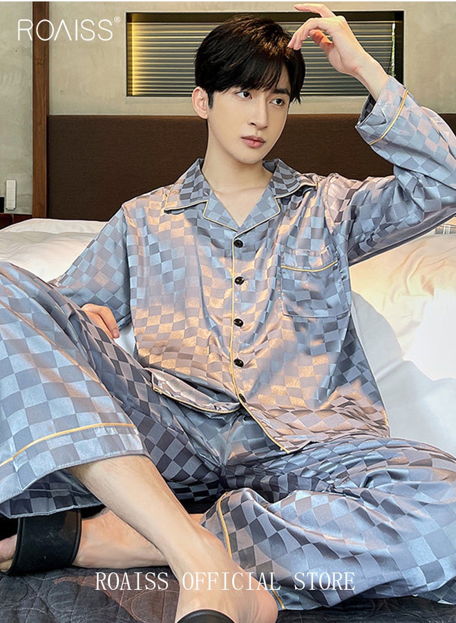 2-Piece Set Men's Long Sleeves Sleepwear Sets Satin Checked Printing Sleepwear Pajamas Pants Silk Nightgown Male Loose Shirts Spring Summer Loungewear Home Clothes