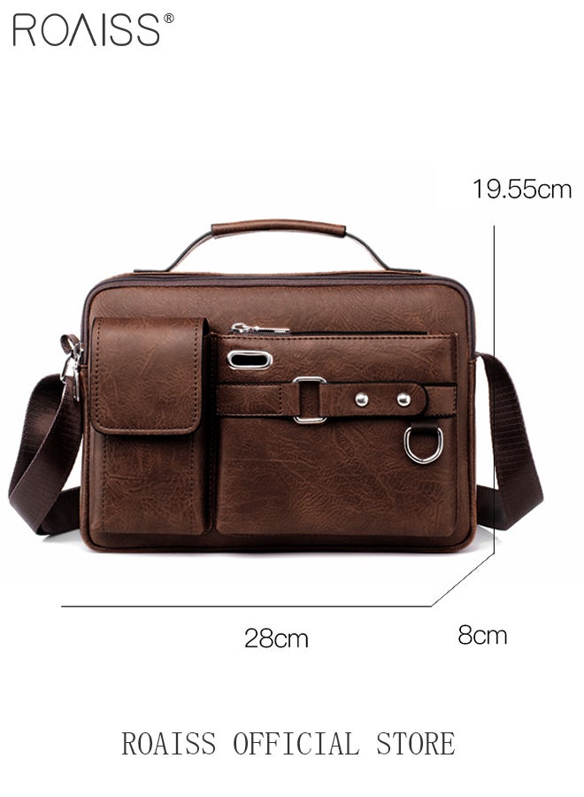 Business Messenger Shoulder Bag PU Leather Retro Chic Handbag Casual Portable Zipper Crossbody Shoulder Bag Husband Gift for Men Travel Work Office