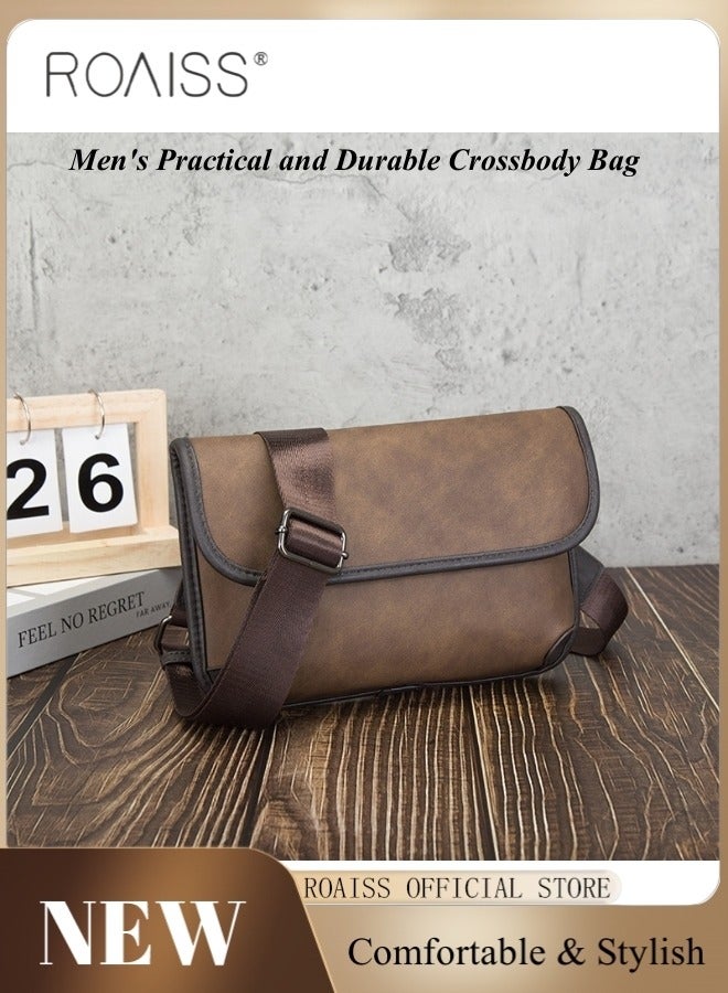 Retro Contrast Color Leather Crossbody Bag for Men Casual Square Purse Trendy Chest Bags with Wide Strap Wear Resistant and Waterproof