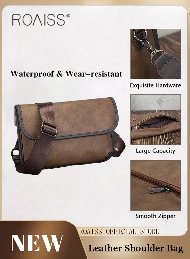 Retro Contrast Color Leather Crossbody Bag for Men Casual Square Purse Trendy Chest Bags with Wide Strap Wear Resistant and Waterproof