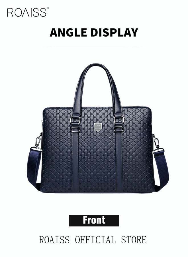 Classic Briefcase Textured Leather Laptop Messenger Bag for Men Travel Business Leather Lawyers Briefcase Shoulder Laptop Slim Bags Dark Blue