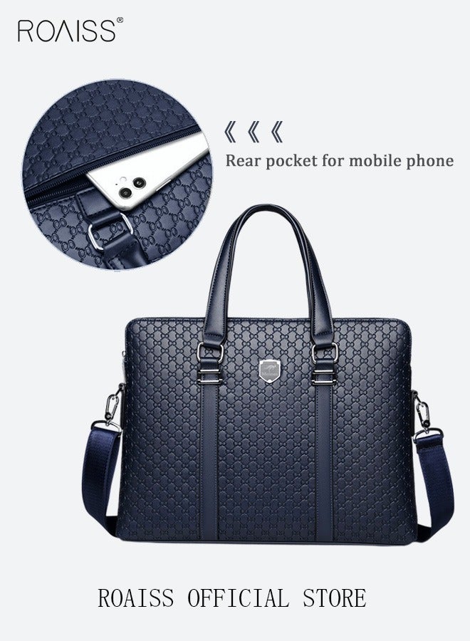 Classic Briefcase Textured Leather Laptop Messenger Bag for Men Travel Business Leather Lawyers Briefcase Shoulder Laptop Slim Bags Dark Blue