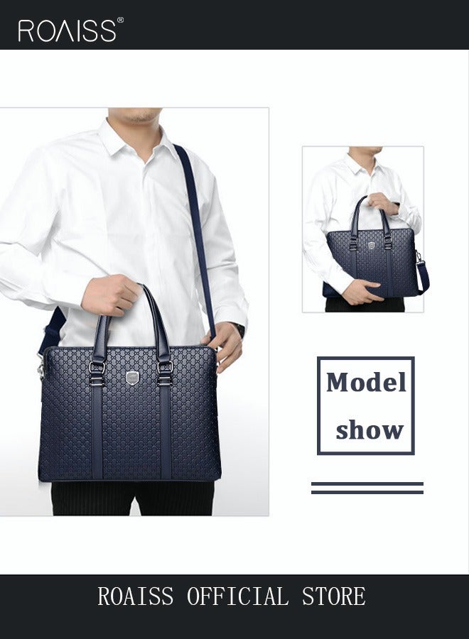 Classic Briefcase Textured Leather Laptop Messenger Bag for Men Travel Business Leather Lawyers Briefcase Shoulder Laptop Slim Bags Dark Blue