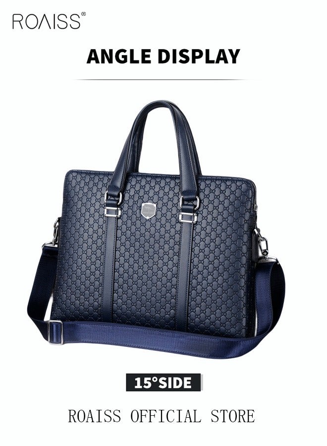 Classic Briefcase Textured Leather Laptop Messenger Bag for Men Travel Business Leather Lawyers Briefcase Shoulder Laptop Slim Bags Dark Blue