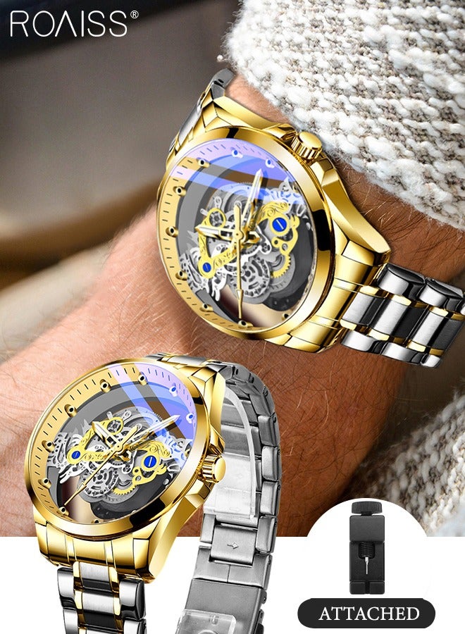 Men's Alloy Strap Quartz Watch Analog Display Round Transparent Hollow Dial Imitating Mechanical Watch Design Waterproof Luminous Wristwatch as Gift for Men