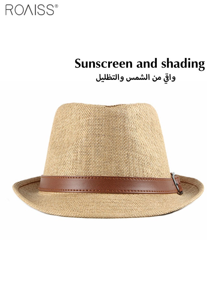 2-Piece Straw Woven Gentlemen's Hat Pu Leather Decorative Sunshade Retro Jazz Hat Summer Comfortable And Breathable Fashion Hat