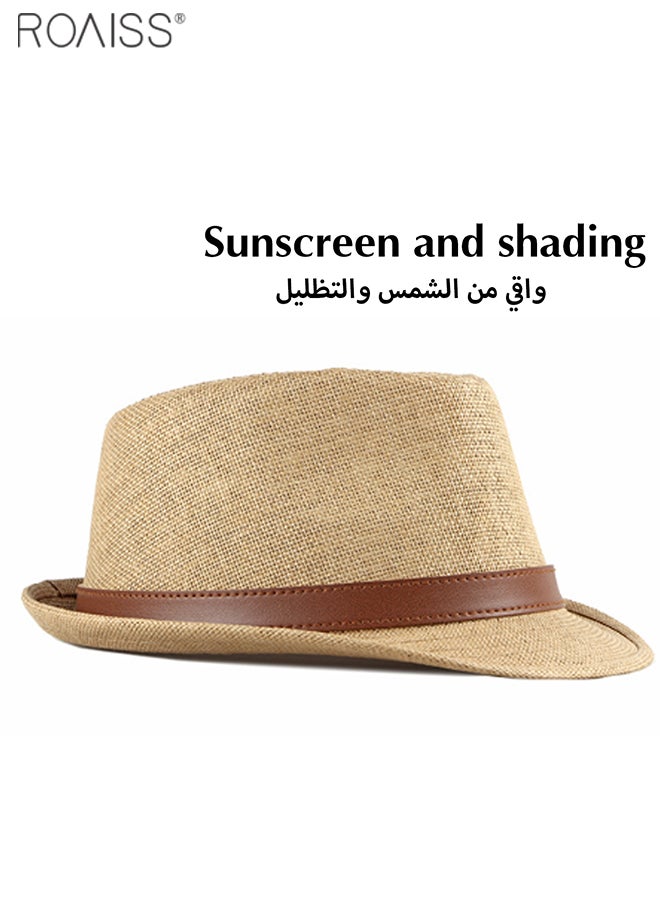 2-Piece Straw Woven Gentlemen's Hat Pu Leather Decorative Sunshade Retro Jazz Hat Summer Comfortable And Breathable Fashion Hat