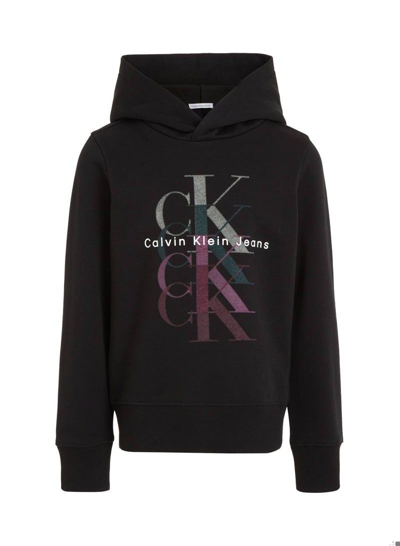 Calvin Klein Jeans Kids, Girls' Hoody - Long Sleeves - Sportswear - Cotton Sweatshirt, Black