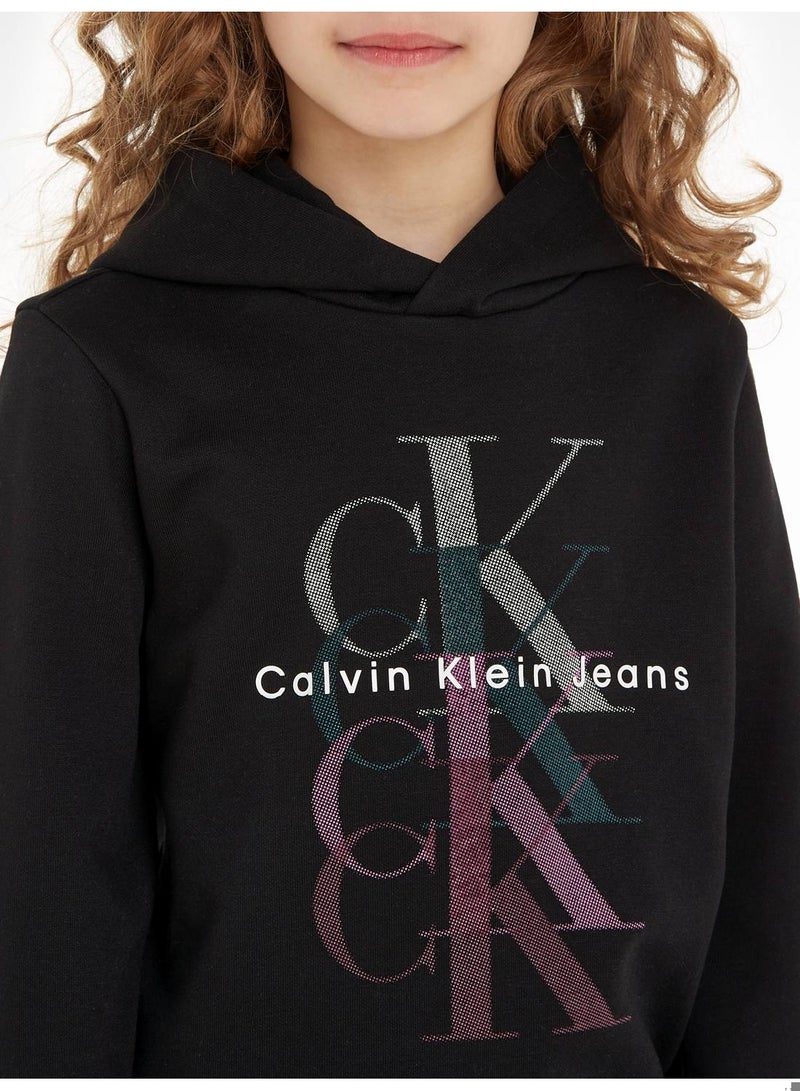 Calvin Klein Jeans Kids, Girls' Hoody - Long Sleeves - Sportswear - Cotton Sweatshirt, Black