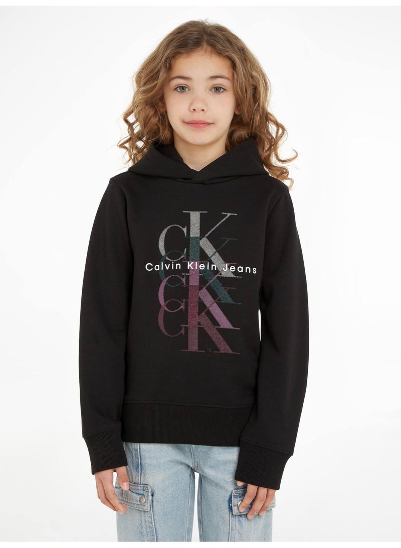 Calvin Klein Jeans Kids, Girls' Hoody - Long Sleeves - Sportswear - Cotton Sweatshirt, Black