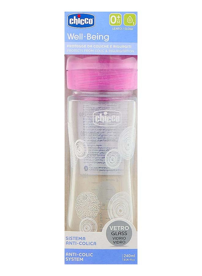 Well-Being Glass Bottle 240Ml Slow Flow 0M+ Silicone, Pink