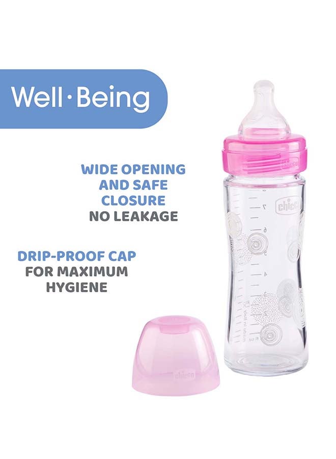 Well-Being Glass Bottle 240Ml Slow Flow 0M+ Silicone, Pink