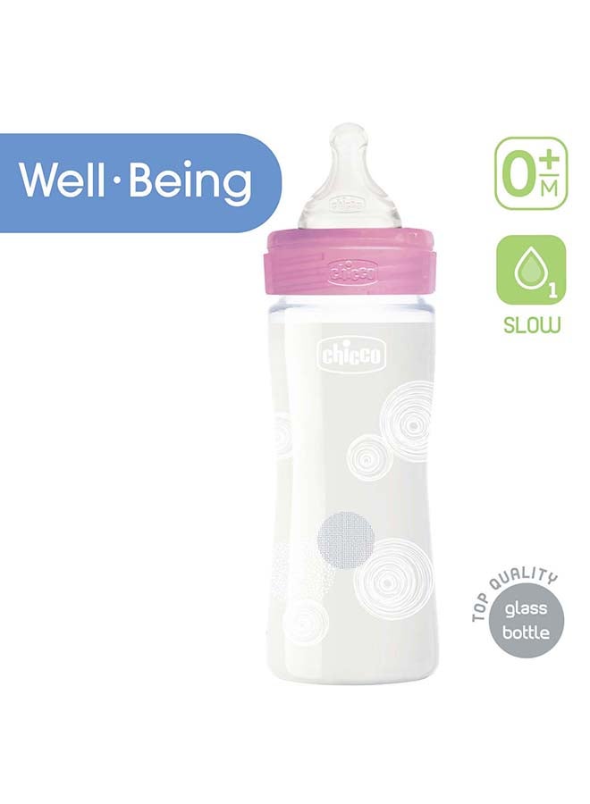 Well-Being Glass Bottle 240Ml Slow Flow 0M+ Silicone, Pink