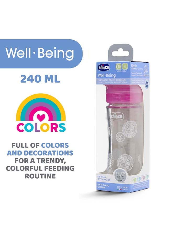 Well-Being Glass Bottle 240Ml Slow Flow 0M+ Silicone, Pink