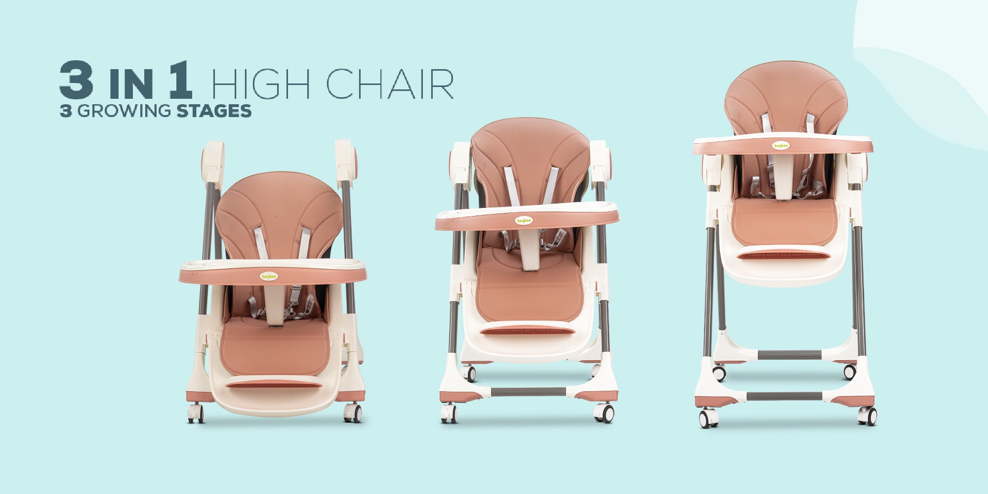 3 In 1 Emperia Plus Baby  Feeding High Chair With Adjustable Height, Recline Safety Belt And Tray, 6 Months To 4 Years, Pink