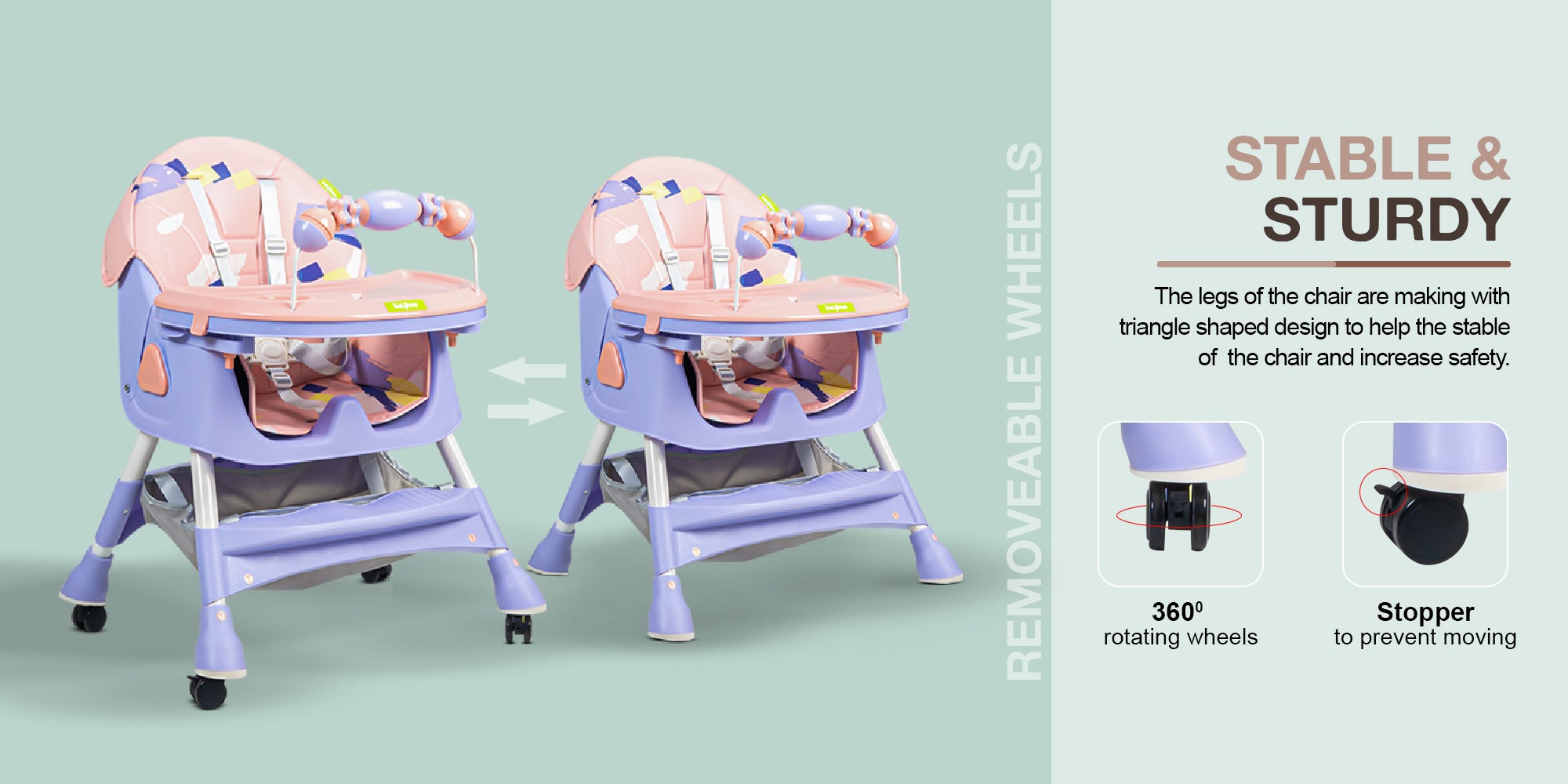 Convertible Baby High Chair for Kids with Adjustable Height and Footrest, Baby Feeding Booster Seat with Tray, Wheels, Safety Belt and Cushion For Toddler 6 Months to 4 Years Pink