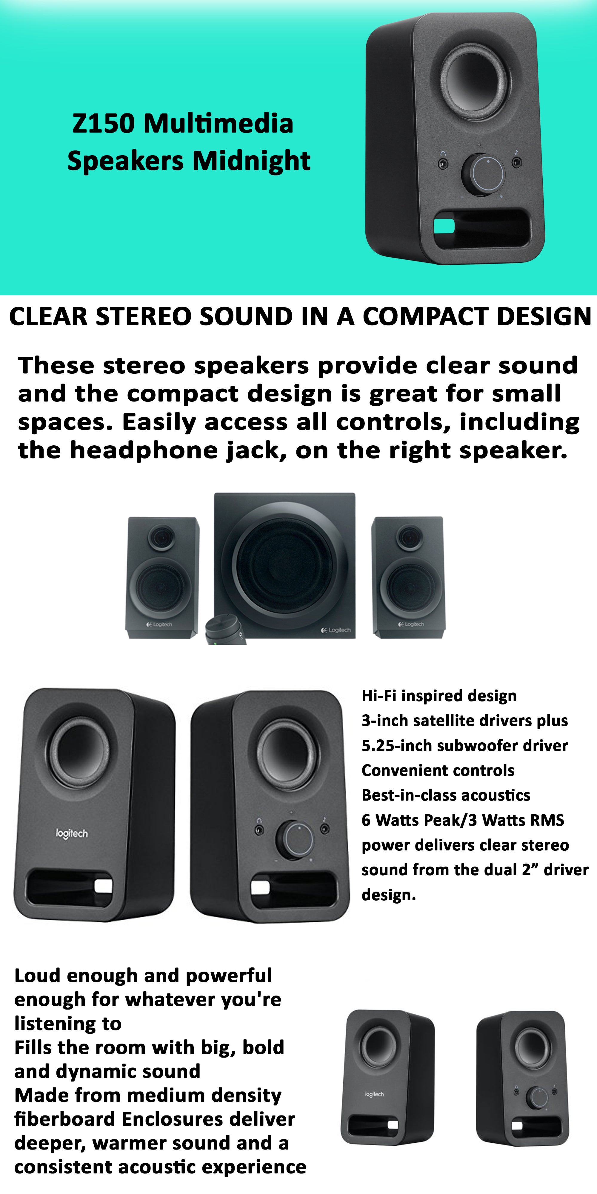 Z150 Compact Multimedia Stereo Speakers, 3.5mm Audio Input, Integrated Controls, Headphone Jack, Computer/Smartphone/Tablet/Music Player Midnight Black