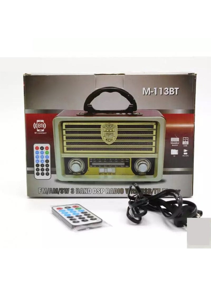 M-113 Portable Vintage Shortwave Radio with Bluetooth Speaker Rechargeable Battery