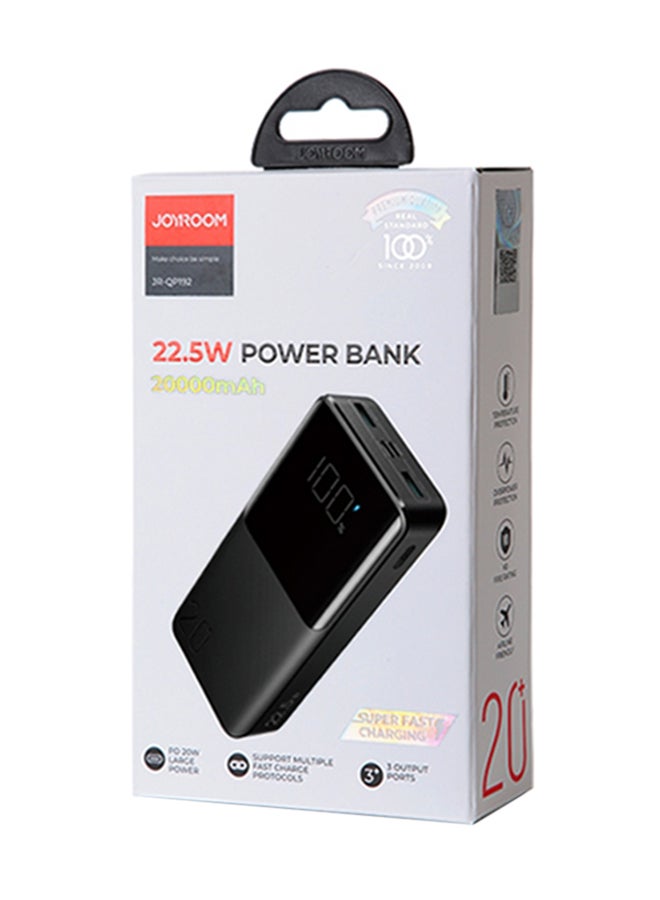 JR-QP192 20000mAh 22.5W Ultra Fast Charging Power Bank 2 Input 3 Output External Battery Pack Black