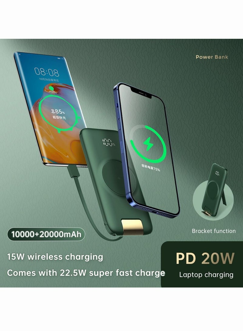 Large Capacity Portable Fast Charger Power Bank With Led Display Built in Cable 10000mah Green