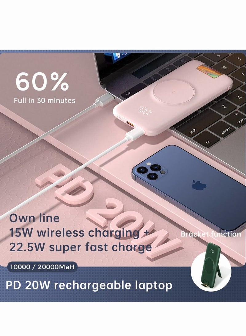 Large Capacity Portable Fast Charger Power Bank With Led Display Built in Cable 10000mah Pink