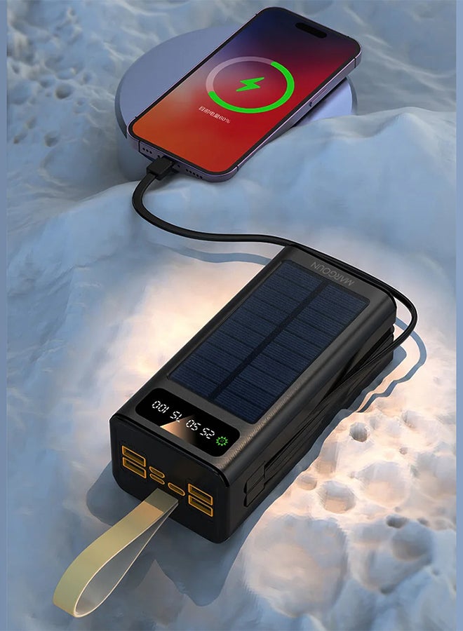 50000 mAh New Solar Power Bank Outdoor Portable Fast Charge External Battery 4 USB Port Phone Charger With LED Light Black