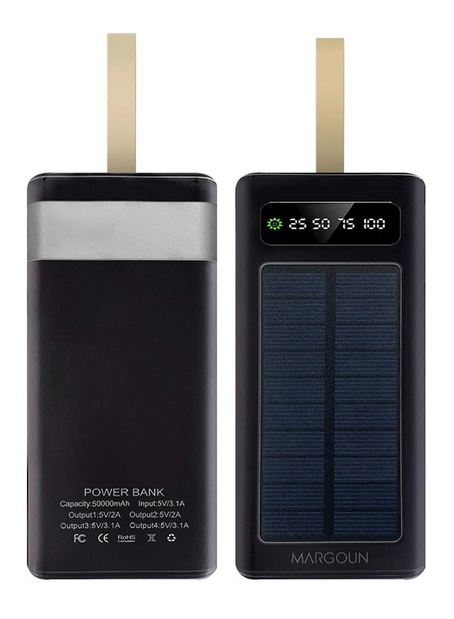 50000 mAh New Solar Power Bank Outdoor Portable Fast Charge External Battery 4 USB Port Phone Charger With LED Light Black