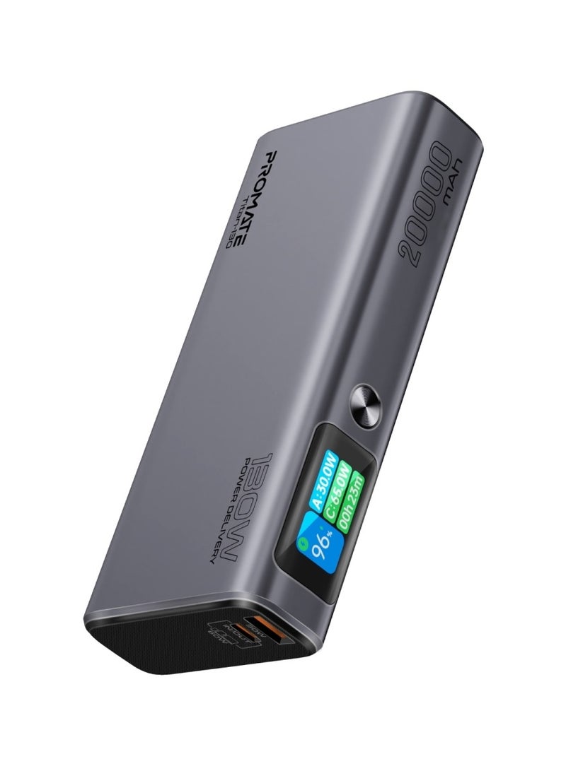 20000 mAh Ultra Slim Portable Power Pack With 130W Power Delivery Smart TFT LCD Screen USB A QC 3.0 Dual USB C Input Output Ports And Over Heating Protection For iPhone 15 Titan 130 Grey