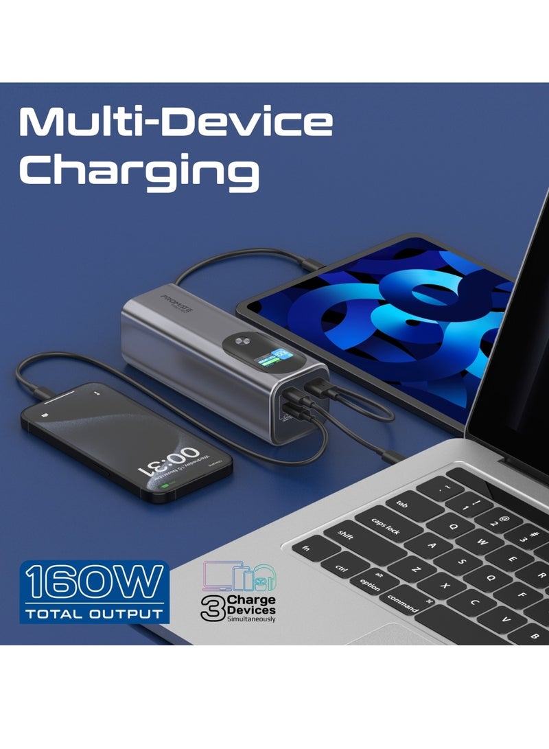 27600 mAh Universal Ultra Slim Portable Power Pack With 160W Power Delivery Smart TFT LCD Display USB A QC 3.0 Dual USB C 3.1 Input Output Ports And Charge Protection For iPhone 15 Titan160 Grey