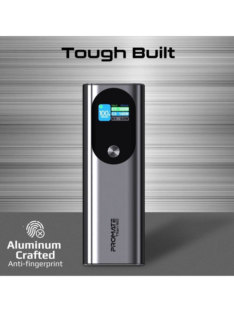 27600 mAh Universal Ultra Slim Portable Power Pack With 160W Power Delivery Smart TFT LCD Display USB A QC 3.0 Dual USB C 3.1 Input Output Ports And Charge Protection For iPhone 15 Titan160 Grey