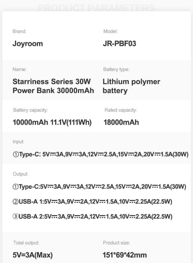 30000 mAh PD 30W Portable Charger For Laptop And Mobile Fast Charging Smart LCD Display Power Bank, With USB To Type-C Cable 0.25M For iPhone Series, MacBook Pro/Air, Dell, XPS, ASUS, iPad, Samsung Etc Black