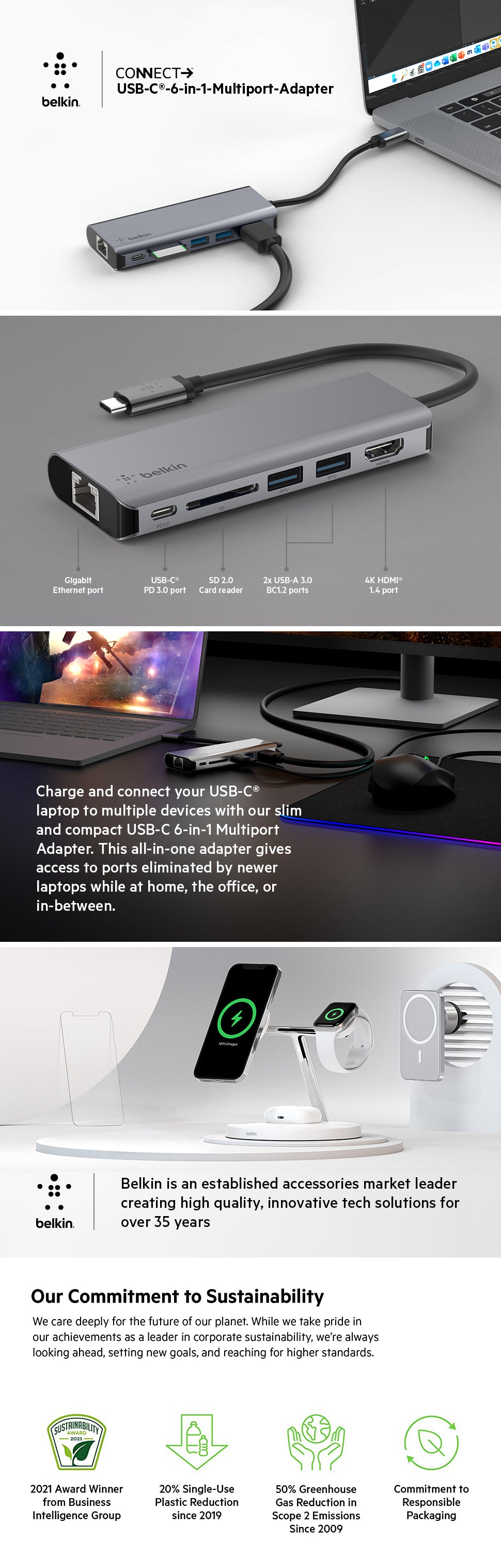 Belkin USB C Hub, 6-in-1 MultiPort Adapter Dock with 4K HDMI, USB-C 100W PD Pass-Through Charging, 2 x USB A, Gigabit Ethernet Ports and SD Slot for MacBook Pro, Air, iPad Pro, XPS and More Gray
