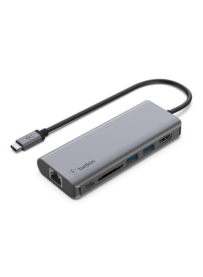Belkin USB C Hub, 6-in-1 MultiPort Adapter Dock with 4K HDMI, USB-C 100W PD Pass-Through Charging, 2 x USB A, Gigabit Ethernet Ports and SD Slot for MacBook Pro, Air, iPad Pro, XPS and More Gray