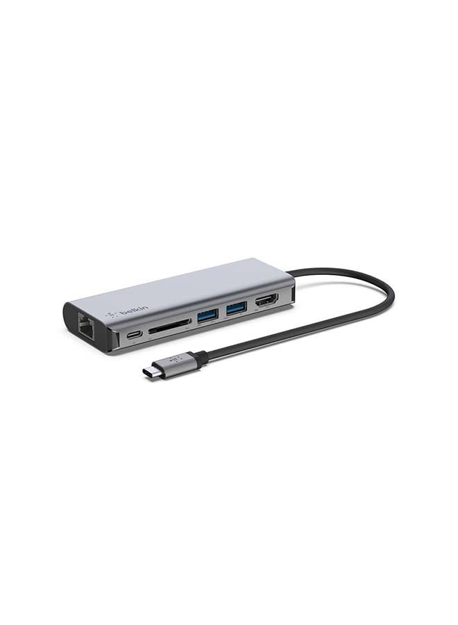 Belkin USB C Hub, 6-in-1 MultiPort Adapter Dock with 4K HDMI, USB-C 100W PD Pass-Through Charging, 2 x USB A, Gigabit Ethernet Ports and SD Slot for MacBook Pro, Air, iPad Pro, XPS and More Gray