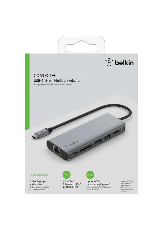 Belkin USB C Hub, 6-in-1 MultiPort Adapter Dock with 4K HDMI, USB-C 100W PD Pass-Through Charging, 2 x USB A, Gigabit Ethernet Ports and SD Slot for MacBook Pro, Air, iPad Pro, XPS and More Gray