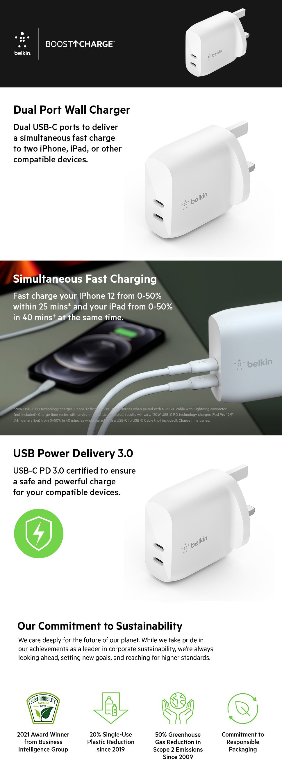 40W USB Type C PD Wall Charger (Dual USB-C Ports for 20W Per Port Fast Power Delivery Enabled Charging for iPhone 14/14 Plus, 13, 13 Pro, 13 Pro Max, Mini, iPad Pro, Galaxy, and More) White