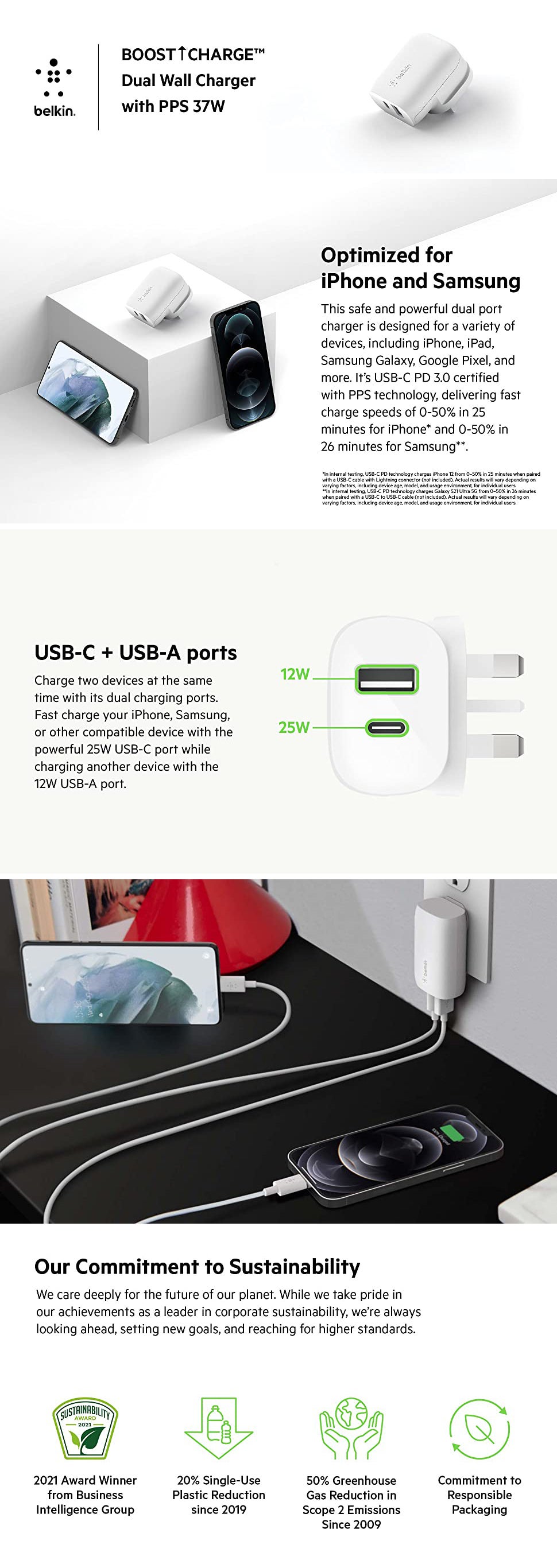 Dual Port Wall Charger   37W USB Type C Charger PPS PD With 25W USB C Port And 12W USB A Port   Adapter Type C Fast ChargIng For Samsung Galaxy S23 Ultra Plus Note 20 iPhone 14 Series And More White