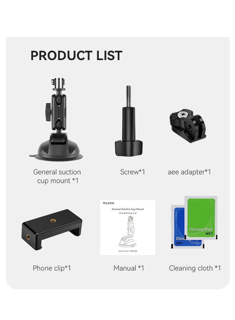 TELESIN Car Phone Action Camera Holder Suction Cup 360 Adjustable 1/4 Standard Adapter For GoPro Insta360 DJI Action Smart Phone