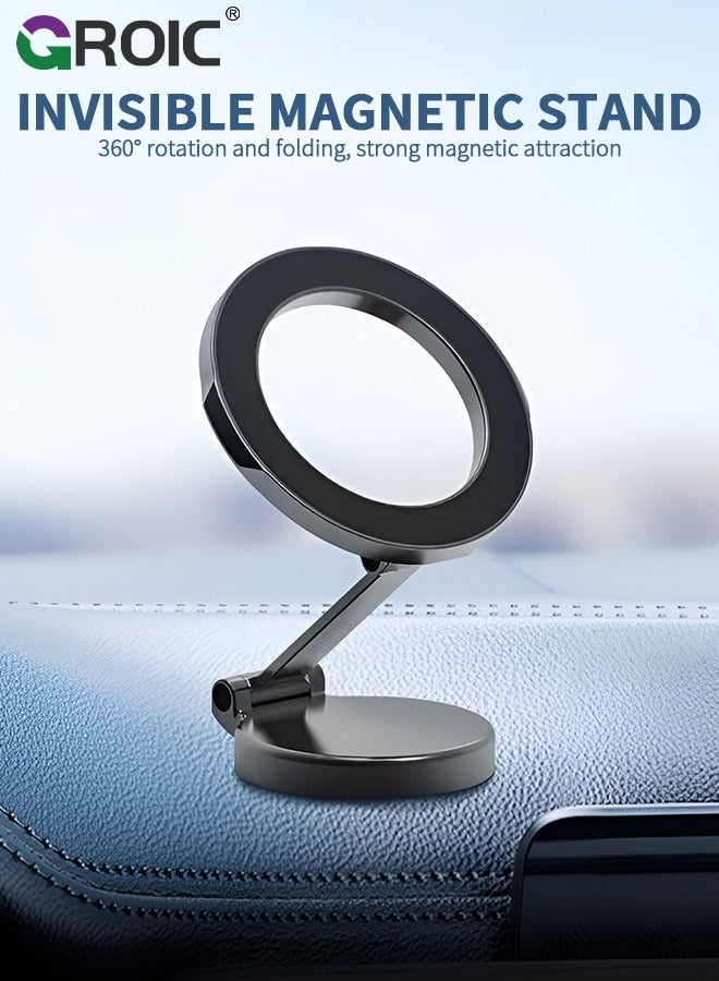 Car Fits MagSafe Car Mount, Foldable Metal Magnetic Car Phone Mount, Stick On Cell Phone Holder for Car Dash Dashboard MagSafe Accessories for iPhone 15 14 13 12 Pro Max Plus Mini MagSafe Case
