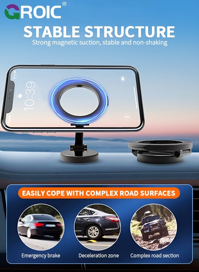 Car Fits MagSafe Car Mount, Foldable Metal Magnetic Car Phone Mount, Stick On Cell Phone Holder for Car Dash Dashboard MagSafe Accessories for iPhone 15 14 13 12 Pro Max Plus Mini MagSafe Case